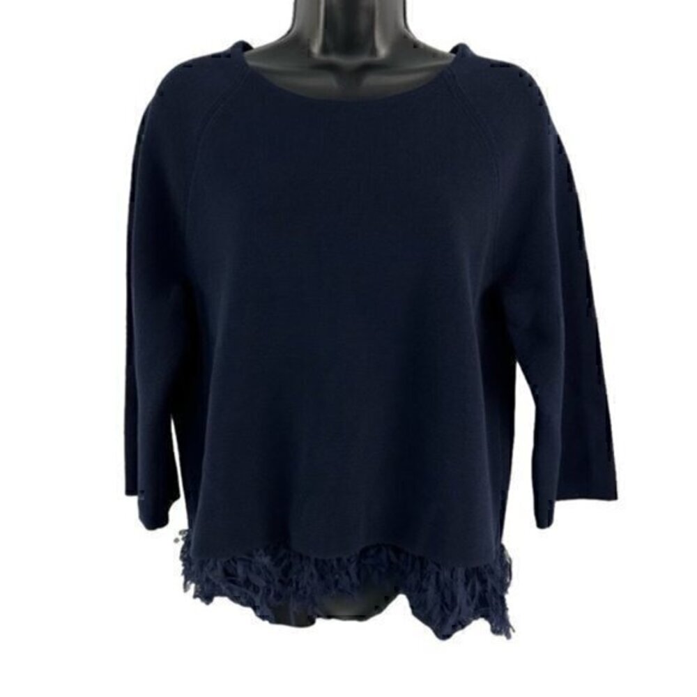 J. Crew Silk Laser Cut Chiffon Fringe 3/4 Sleeve Sweater Top Navy Blue Small‎